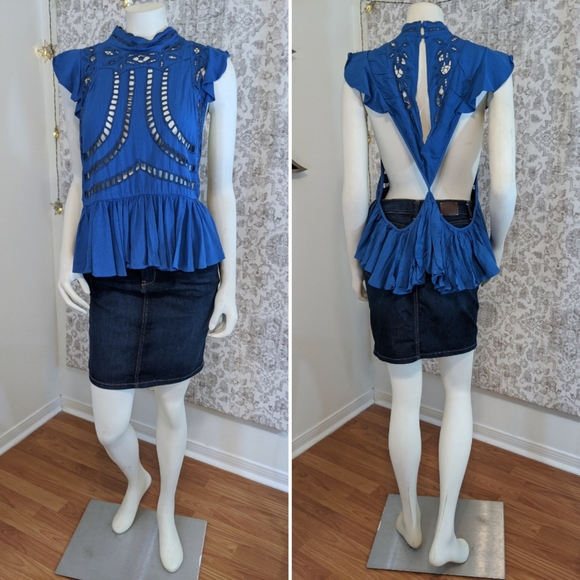 Free People Royal Blue Embroidered Floral Tank Cotton Eyelet Lace Whimsical sz L - Picture 2 of 8